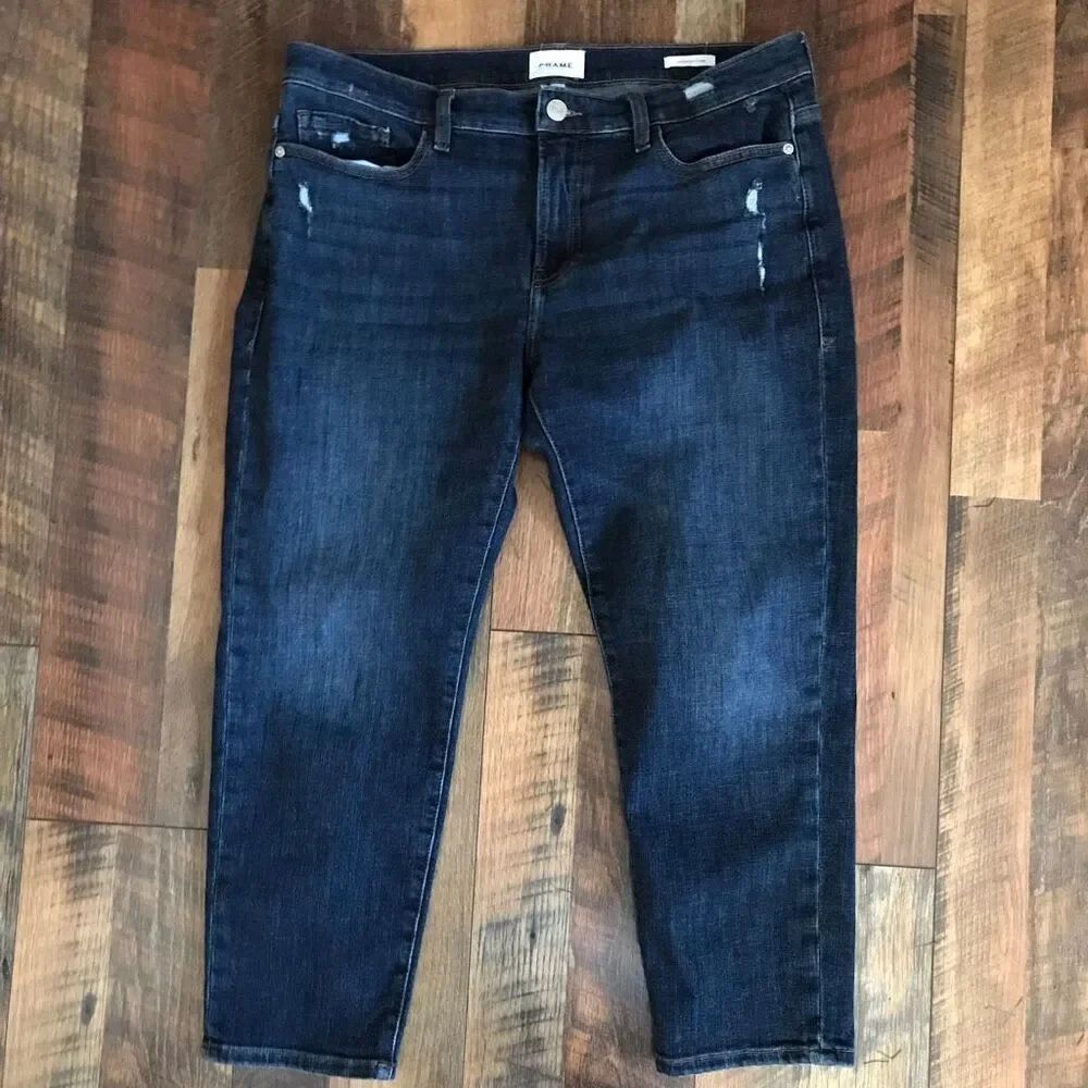 Frame Le Garcon crop jeans Size 30”dark blue denim jeans distressed high rise